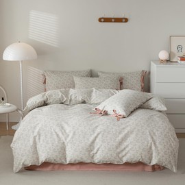 LifeTB Vintage Garden Floral Comforter Set Full Soft Fluffy Chic Boho Floral Bedding Comforter with 2 Bowknot Bow Tie Pillowcases Cottagecore Flower Botanical Bed Comforter Set All Season Full Size