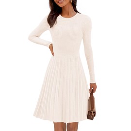 MEROKEETY Women's 2025 Long Sleeve Mini Sweater Dress Crewneck Ribbed Knit A Line Pleated Swing Short Dresses, Beige, X-Large