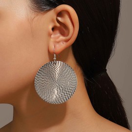 Anmpab Boho Large Disc Earrings for Women Vintage Geometric Hammered Round Circle Drop Dangle Earrings Statement Jewelry (Silver)