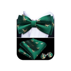 Barry.Wang Dinosaur Green Gold Bow Tie for Men Silk Pre-Tied Bowtie Pocket Square Cufflinks Set Formal Wedding Party Prom Festival