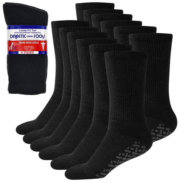 Debra Weitzner 6 Pairs Non-Binding Loose Fit Sock - Non-Slip Diabetic Socks for Men and Women - Ankle Crew Black