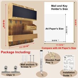 HEKOOLA Mail Organizer Wall Mount Key Holder Mail and Key Organizer for Wall Key Hooks with Shelf, Chalkboard, Corkboard, Key Hanger Mail Organizer Wall Mounted for Room Office Entryway (Light Wood)
