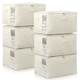 Canvas Comforters Bags Closet Organizers and Storage for Quilts Clothes Organization Containers Bins with Sturdy Zipper, Clear Window 75L for Sweaters Blankets Storage Bedroom Collapsible 6Pack