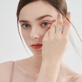 YLT 925 Sterling Silver Natural Moonstone Angel Wings Ring Adjustable Dainty Wrap Open Thumb Rings for Women