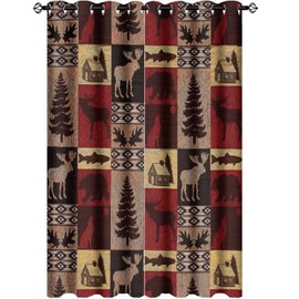 INSFBRB Rustic Cabin Curtains for Bedroom - Vintage Farmhouse Hunting Theme Moose Bear Elk Tree Plaid Window Drapes,Energy Saving Blackout Grommet Curtains 2 Panels 63L x 21W