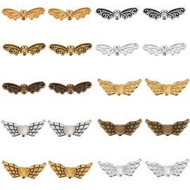 SUNNYCLUE 1 BOX 120PCS Alloy Angel Wing Beads Butterfly Beads Metal Small Tibetan Silver Gold Bronze Wings Heart Fairy Loose Spacer Beads Bulk for Jewelry Making Beading Kit Bracelets Diy Craft Supply