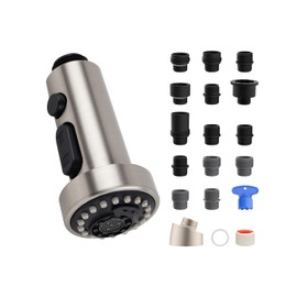 Hibbent NSF/ANSI/CAN 61 & CUPC Certified Pull Down Kitchen Faucet Head Replacement, 3 Function Sink Faucet Sprayer Nozzle with 15 Adapters, Compatible with Moen, Delta, Kohler Faucets, Brushed Nickel