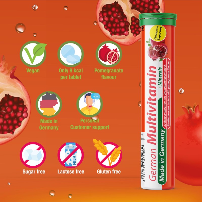 German Multivitamin + Mineralien Drink Effervescent Tablets 140 Servings Pomegranate