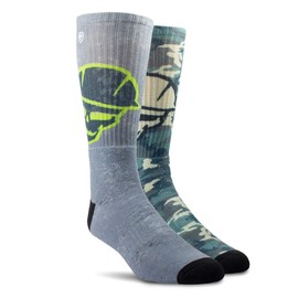Ariat Unisex Arch Support Socks - Roneck Graphic - 2 Pairs, Roughneck Grey/Green