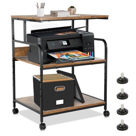 FAHKNS Printer Stand, 3 Tier Large Printer Stand with Wheels, 23.6 x 18.9 x 29.5 Inch Office Table with Height Adjustable Storage Shelf for Office Home, Rolling Cart for Printers Table, Brown