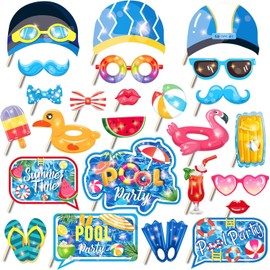 Kristin Paradise 25Pcs Beach Photo Booth Props with Stick, Pool Theme Selfie Props, Summer Birthday Party Supplies, Swimming Photography Backdrop Decorations