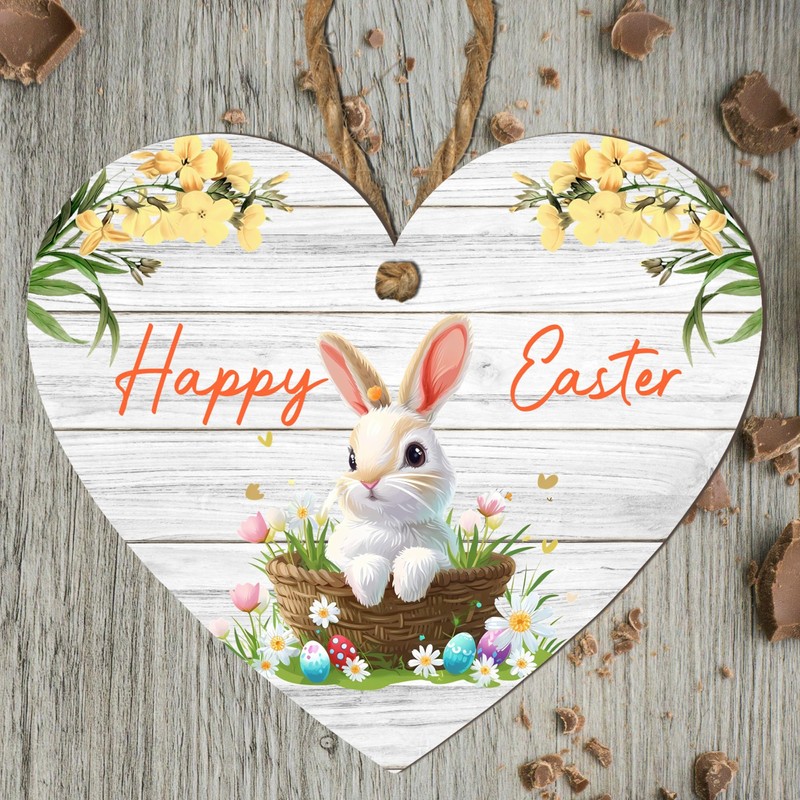 Handcrafted Easter Wooden Heart Plaque with 'Happy Easter' Quote -