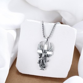 Hagkew St Michael the Archangel Necklace 925 Sterling Silver Archangel Saint Michael Cross Pendant Necklaces Catholic Amulet Religious Jewelry for Men