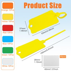 60Pcs Blank Waterproof Plastic Tags, Label Seal Shipping Tags Reusable Writable with Zip Tie for Labeling Luggage, White, Yellow, Red, Orange, Blue, Green 2.48 x 1.46 Inch