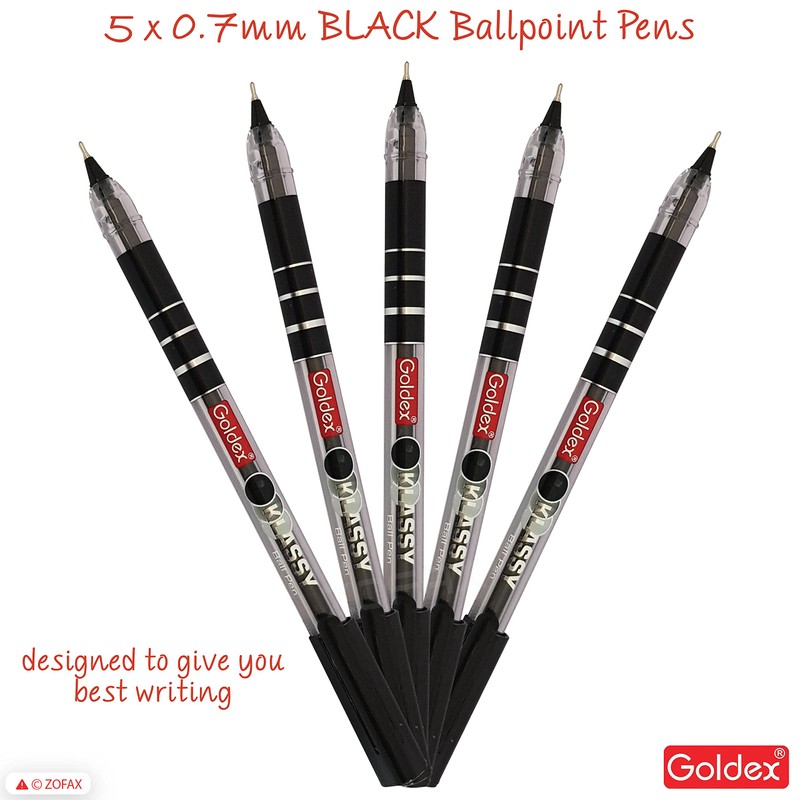 Goldex Klassy BLACK 5 x 0.7mm Fine Tip Ballpoint Pens