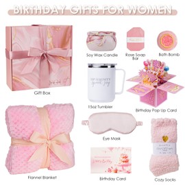 Birthday Gifts For Women Rose Relaxing Spa Gifts Basket 21st 40th 50th Happy Birthday Box for Mom Her Wife Best Friend Sister Grandma Daughter Bestie Aunt Pop Up Card Flannel Blanket Thinking of You