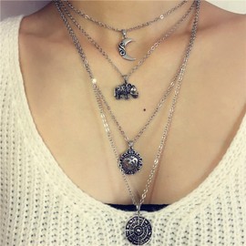 Inateannal Multi-layer Long Necklace Vintage Boho Moon Elephant Pendant Necklace Layered Disc Statement Necklace Clavicle Chain Jewelry for Women and Girls