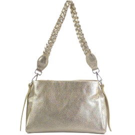 modamoda de T263 Damen Leder Schultertasche, handmade in Italy, 27x10x18 cm, 3 Hauptfächer, abnehmbarer Henkel, Farbe:Lightgold Metallic