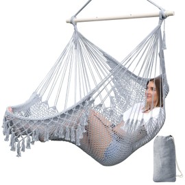 Chihee Hammock Chair Super Large Soft-Spun Cotton Rope Weaving Hanging Chair, Collapsible Strong Metal Spreader Bar Wide Seat Lace Stretch Swing Chairs Indoor Outdoor Garden Yard Theme Decoration