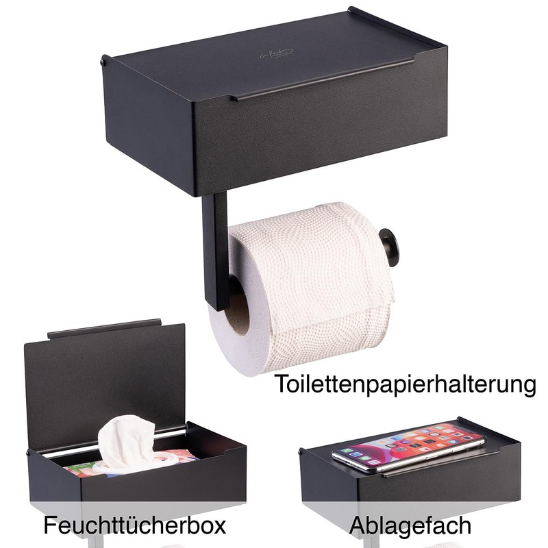 infactory WC Papier Halter: Toilettenpapierhalterung mit Feuchttücherbox, ohne Bohren, zum