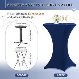 10 Pack Cocktail Table Covers Stretch Spandex Tablecloth 32"x43" Cocktail Table Cover, Cocktail Round Tablecloth Table Cover for Wedding Banquet Cocktail Party(Navy Blue)