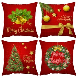 Set of 4 Christmas Pillow Covers 18x18 Inch Merry Christmas Pillow Cases Christmas Velvet Throw Pillow Covers Gold Red Xmas Holiday Pillow Covers Outdoor Couch Sofa Cushion Covers for New Year(18)