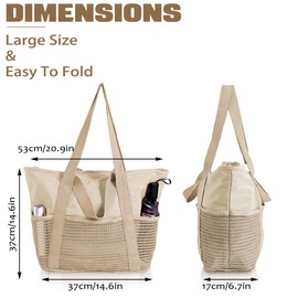 Chovbe Beach Bag for Women, Waterproof Beach Tote Bag with Zip, Foldable Shoulder Bag with Mesh Pocket, Holiday Essentials Handbag for Shopping, Travel (Beige)