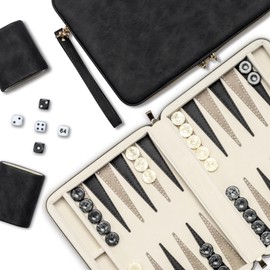 Backgammon Sets for Adults, Classic Board Game with Foldable Leather Backgammon Case, Portable Travel Backgammon Set, Includes 30 Artificial Horn Checkers (Black)