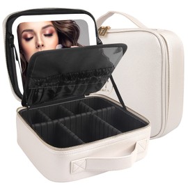 MOMIRA Makeup Bag with Mirror and Light Travel Makeup Train Case Cosmetic Bag Organizer Portable Artist Storage Bag with Adjustable Dividers Makeup Brushes Storage Organizer Creamy-white