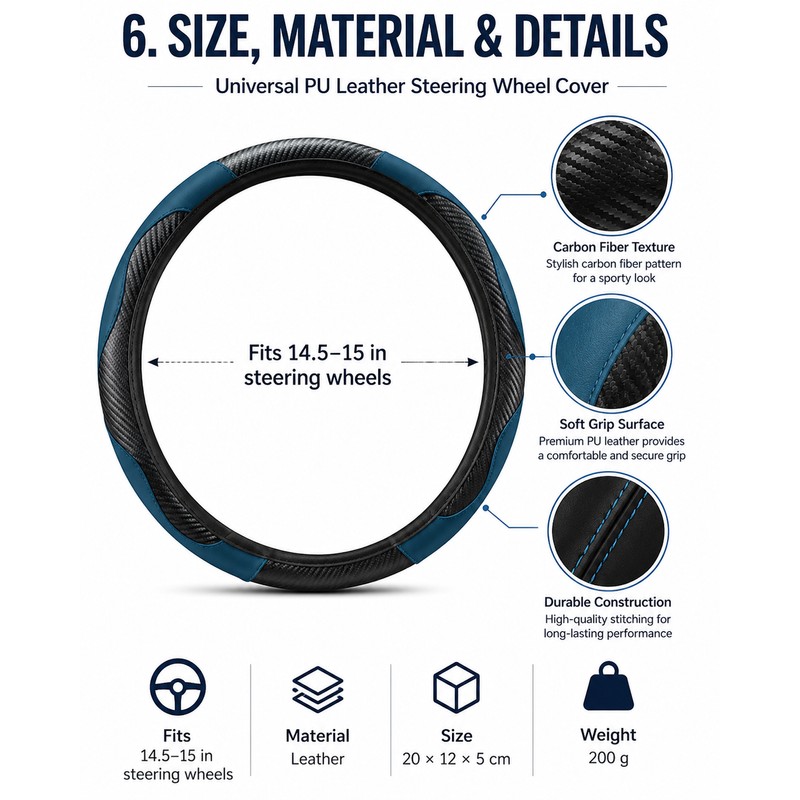 Car Steering Wheel Cover for 14.5–15 Inch Wheels – PU