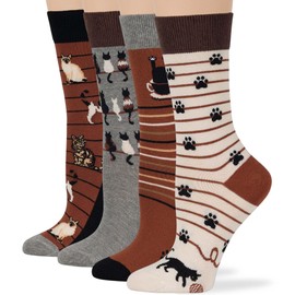 7BIGSTARS KINGDOM Women's Cotton Fun Crew Socks - 4 Pack Medium - Cat Paw Yarn - Sock Size: 9-11, Shoe Size: 5-9, Brown, Grey, Ecru, Black