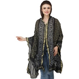 Exotic India Bandhani Tie-Dye Gharchola Dupatta from Jodhpur with Golden Thread Weave - Color Caviar Black