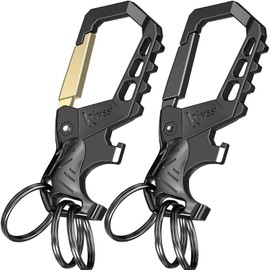 Kivssi Heavy duty metal keychains, Carabiner clip Car key chains,Fashion family keychain bottle opener and 3 Key Rings suitable for men and women.(Black+Gold)