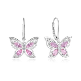 YL Pink Tourmaline Big Butterfly Earrings for Women, Solid Sterling Silver 18K White Gold Plated Created Birthstone Teardrop Dangle Drop Leverback Earrings Jewelry