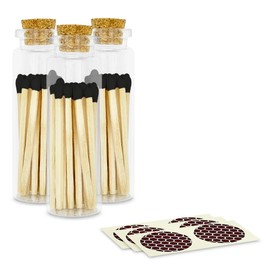 2" Bold Black Tip Safety Matches | 3 Glass Bottles Each with Cork Top, Striker & 20 Matchsticks by Thankful Greetings (60+ Total) | Decorative Unique & Fun Artisan Set for Your Home, Gifts, & Events