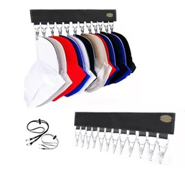Sweetbei J Hat Organizer - Holder Cap Rack - 12 Stainless Steel Clips - Windproof Cap Ropes - Black Polyester