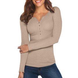Tobrief Button Down Henley Shirts for Women Long Sleeve V Neck Ribbed Warm Tee Tops Cracker Khaki,M