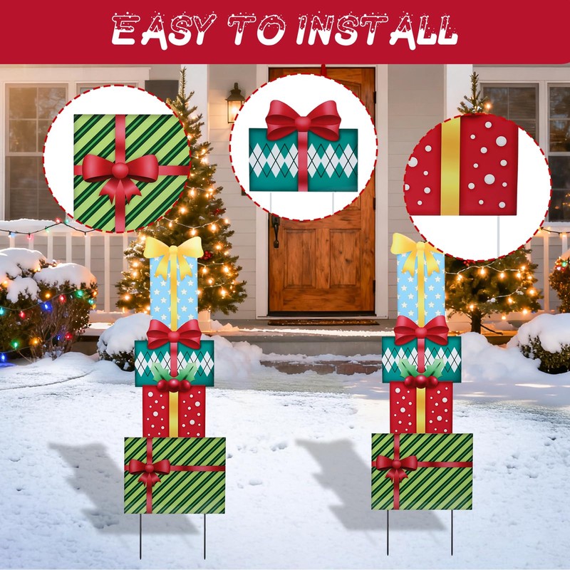Christmas Outdoor Decor Stake,41.5" Metal Xmas Box Yard Sign,4 Pack