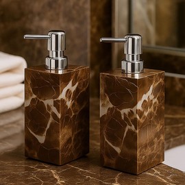 AUSAULAC 2 Pack Real Natural Marble Soap Dispenser with Stainless Steel Pump Decorative Liquid Hand Soap Bottle for Kitchen Bathroom, Compatible with Lotion, Dish Soap Shower Gel (Brown 2 Set)