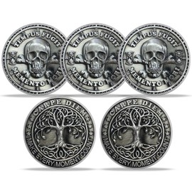 Memento Mori Memento Vivere Coin Skull and Tree of Life Stoic for Reminder (5 Pcs)