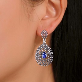 Yheakne Vintage Filigree Drop Earrings Silver Tribal Earrings Blue Earrings Hollow Oval Earrings Water Drop Sapphire Drop Earrings Retro Drop Jewellery for Women and Girls (Deep Blue)