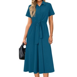 Newshows Womens Wear to Work Long Dresses Tie Waist Shirt Dress Business Casual Outfits Office Attire with Pockets(Blue,L)