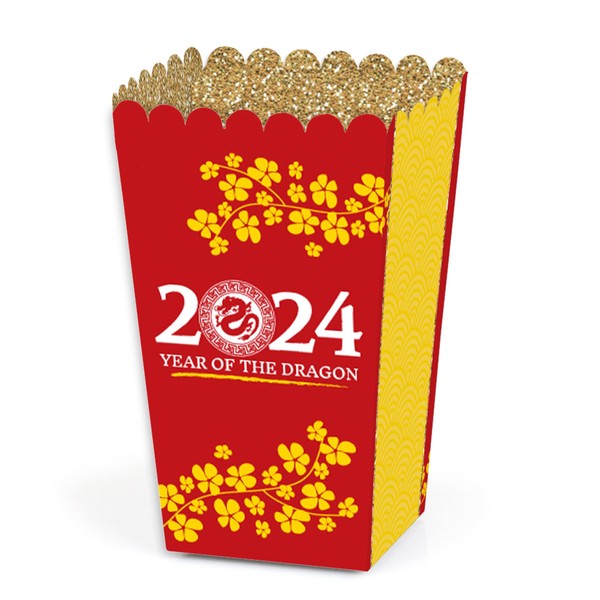 Big Dot of Happiness Chinese New Year - 2024 Year of the Dragon Favor Popcorn Treat Boxes - Set of 12