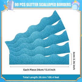 FOBSME 100 Feet Bulletin Board Border Glitter Shine Scalloped Borders Trim Glitter Bulletin Board Strips Decorative Classroom Poster Borders for Xmas Christmas Classroom School Office Decor, Blue