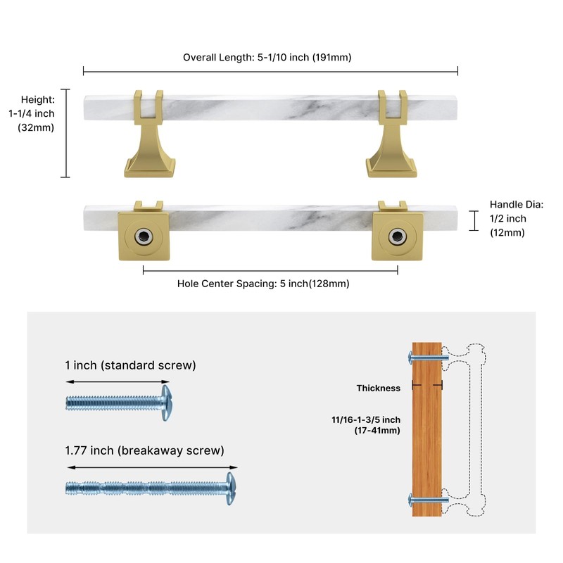Lepatape 10 Pack 5 Inch White Marble Cabinet Pulls, Gold
