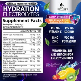 Nature's Nutrition Hydration Replenisher Daily Electrolyte Drink Mix C Hydration Powder for Rapid Hydration with 6 Electrolytes & Minerals, Zero Sugar, Keto, Vegan, Non-GMO & Sugar-Free Electrolyte Powder - 60 Servings