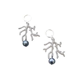 Silver Coral Reef Earrings Hoops Black Peaock Pearl Freshwater Coastal