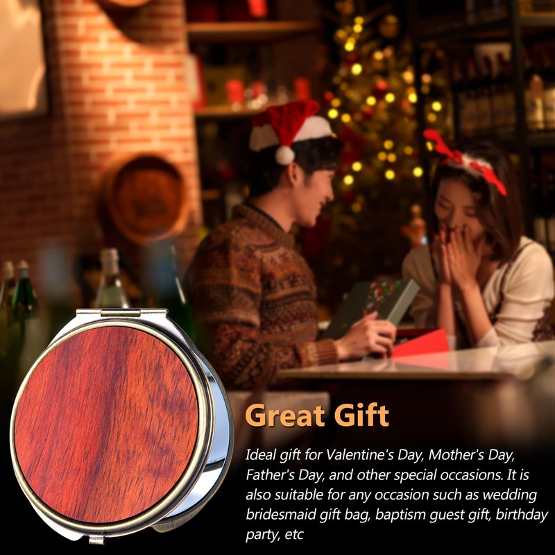 Wooden Surface Metal Frame Round Travel Mirror