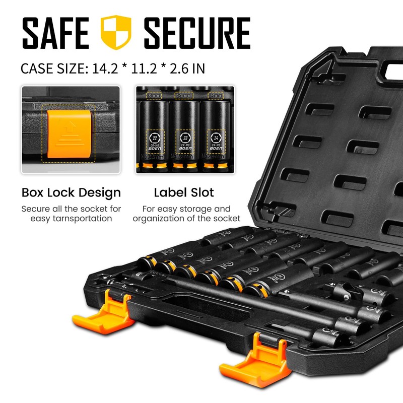 BOEN Pro 1/2" Drive Metric Deep Impact Socket Set, 21-Piece