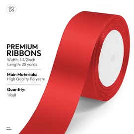 KMER LIFE 1-1/2 Inches x 25 Yards Red Satin Ribbon Solid Fabric Ribbons for Crafts, Wedding Decor, DIY Hair Accessories, Sewing, Gift Package Wrapping, Valentine's Day Bouquet and More